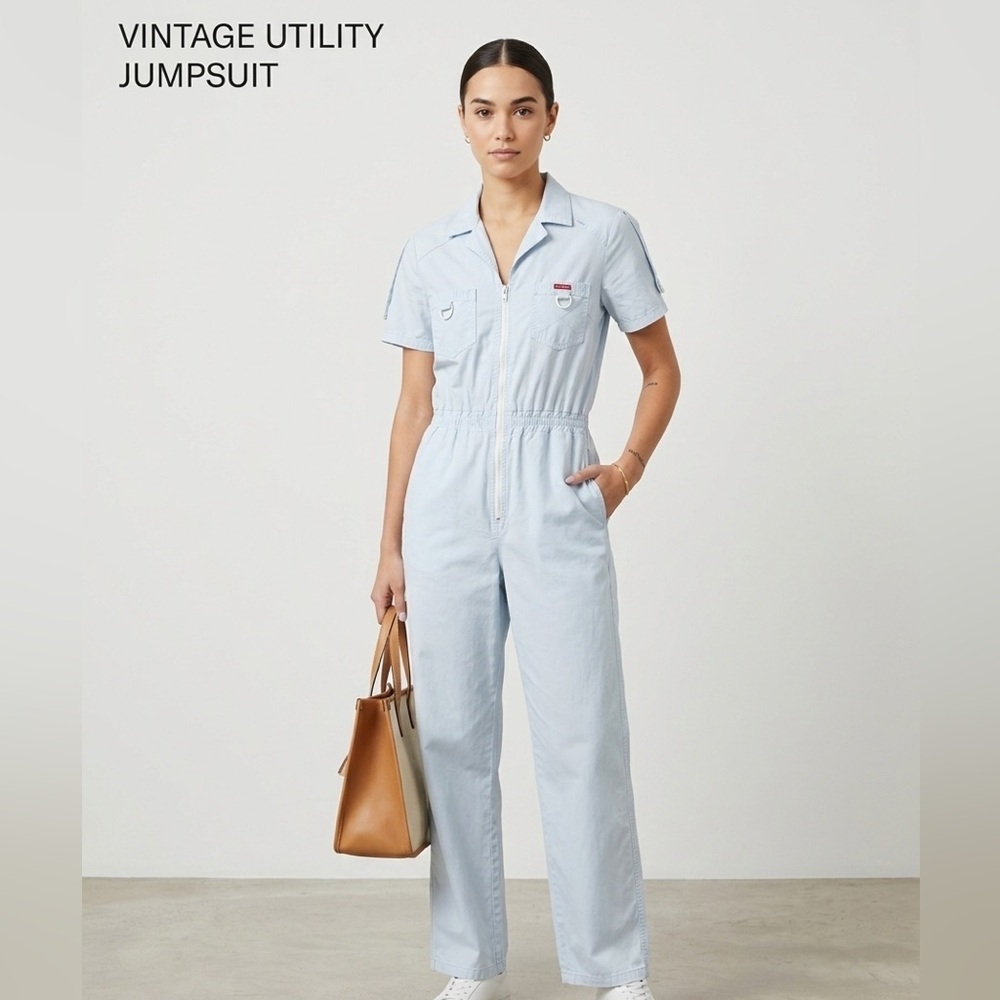 ✨OOAK✨ Vintage Light Blue Utility Jumpsuit with White Zipper - size M